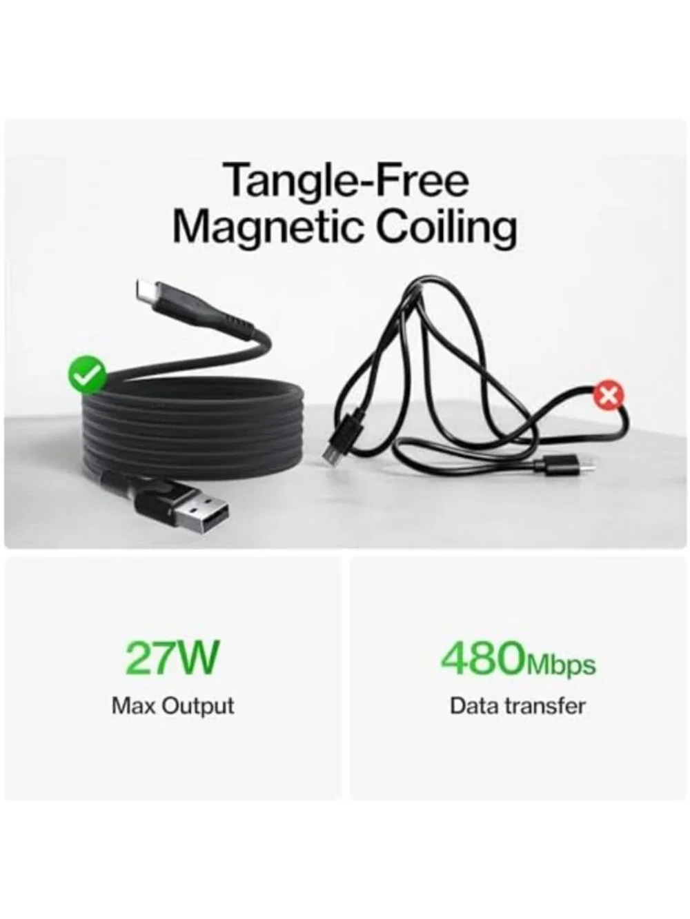 Magnetic Coiling Charging Cable USB A to USB C, Fast 27W Power Delivery, Durable
